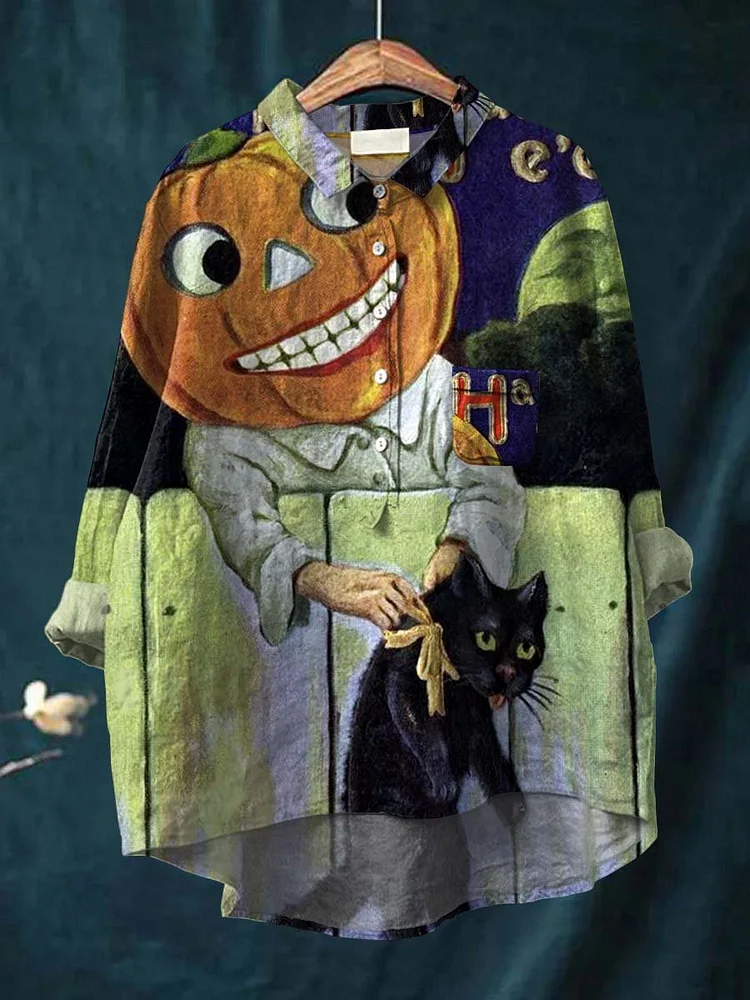 Halloween Print Casual Cotton And Linen Shirt