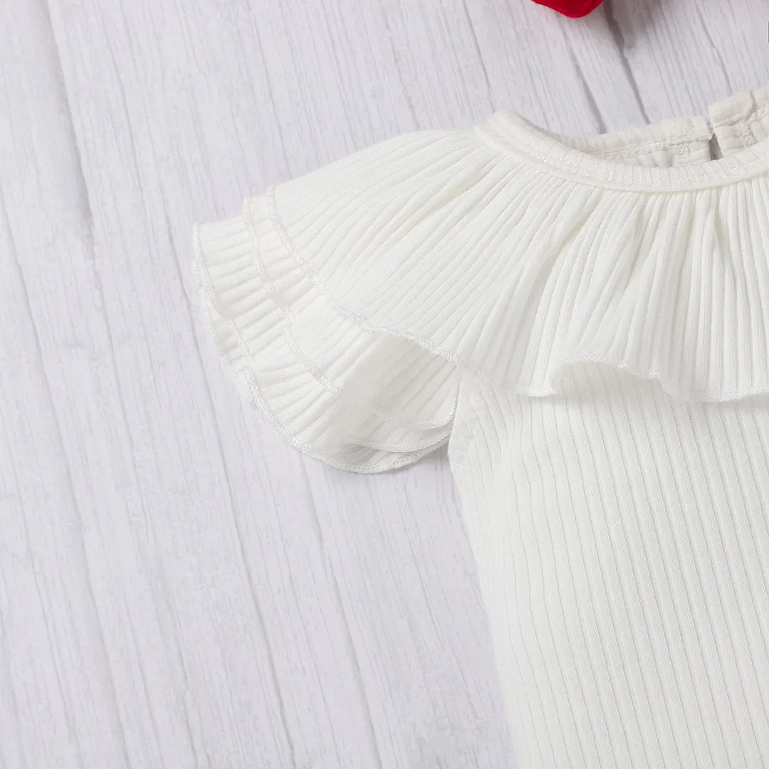 Newborn 3Pcs Summer Outfit Set Infant Ribbed Flying Sleeve Ruffled Romper Velvet Suspender Skirt Hair Band for Baby Summer