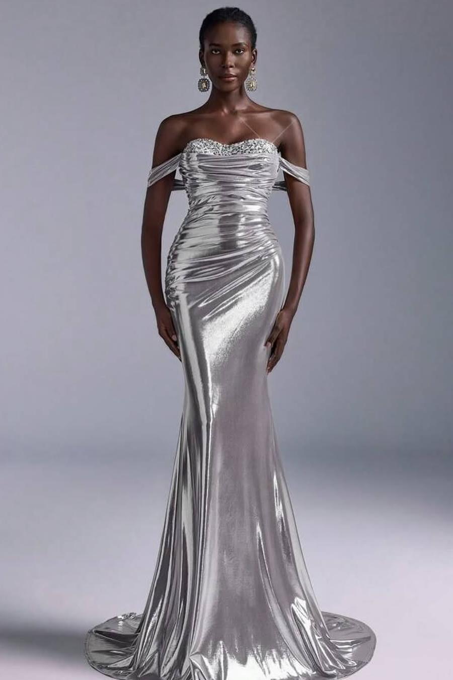 Lussooy Strapless Chic Silver Off the Shoulder Long Mermaid Prom Dress with Sequins 