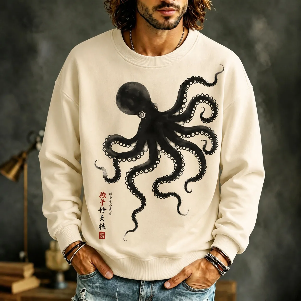 Men's Japanese Octopus Art Print Casual Sweatshirt  artssus