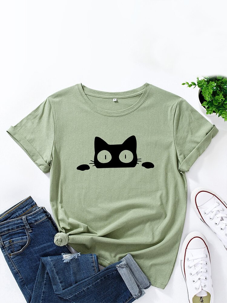 Cat Print Loose O neck Short Sleeve Casual T Shirt For Women P1824319