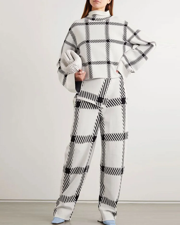 Checked Stretch-Knit Sweater And Wide-Leg Pants Two-Piece Set