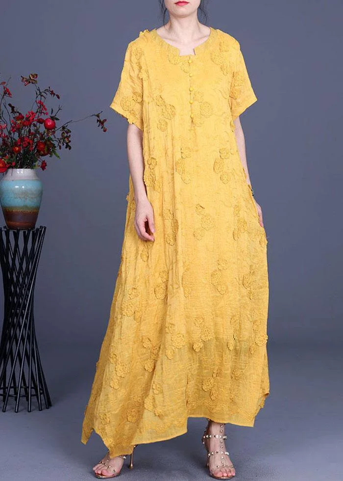 Casual Yellow 3D Floral Summer Linen Dress
