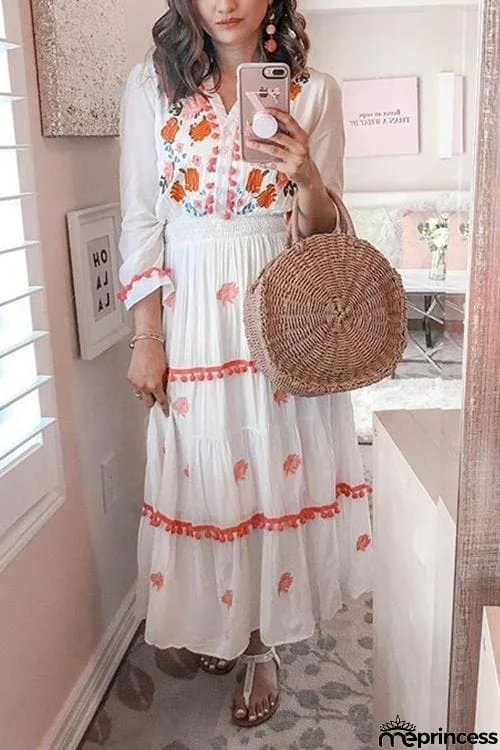 Embroidery Pom Pom Maxi Dress