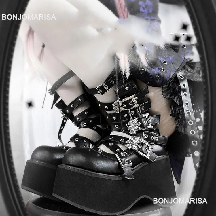 yyvonne Women Goth Platform Mid Calf Boots Wedges Heeled Cospaly Autumn Combat Boots Design Luxury Motorcycle Boots Shoes