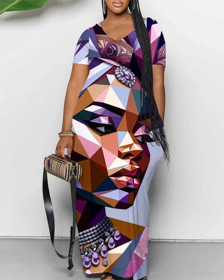 Retro Purple African Woman V-Neck Short-Sleeved Maxi Dress
