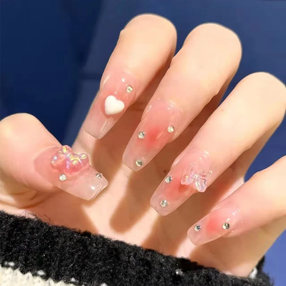 24PCS Press On Nails with Diamond Butterfly Design White Fake Nails Coffin Ballet False Nails Manicure Salon DIY  Full Finished-Nail Inspo