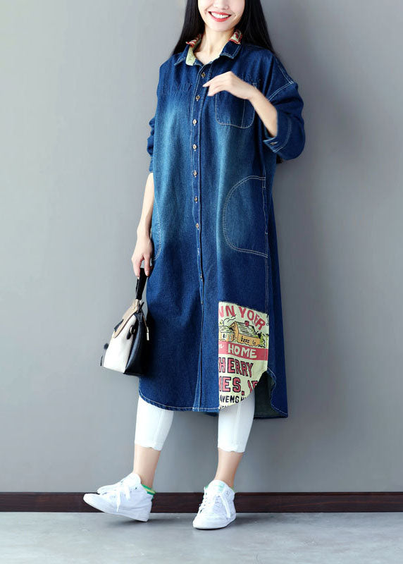 VCSHOES Blue Oversized Patchwork Applique Cotton Denim Trench Spring