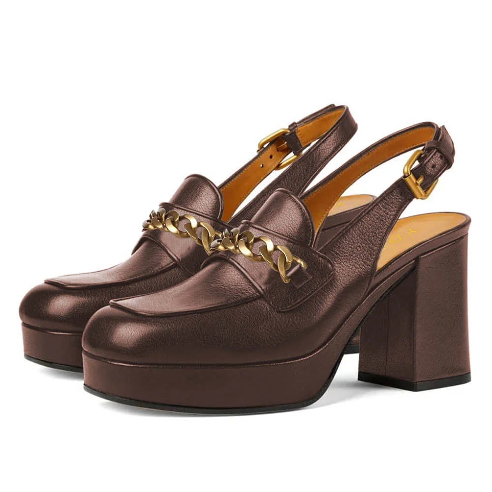 Square Toe Chain Platform Slingback Women's Loafers in Brown