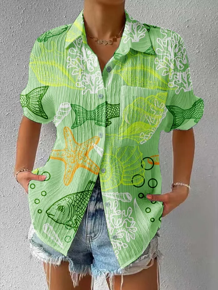 Womens Art Fish Pattern Short Sleeve Textured Shirt