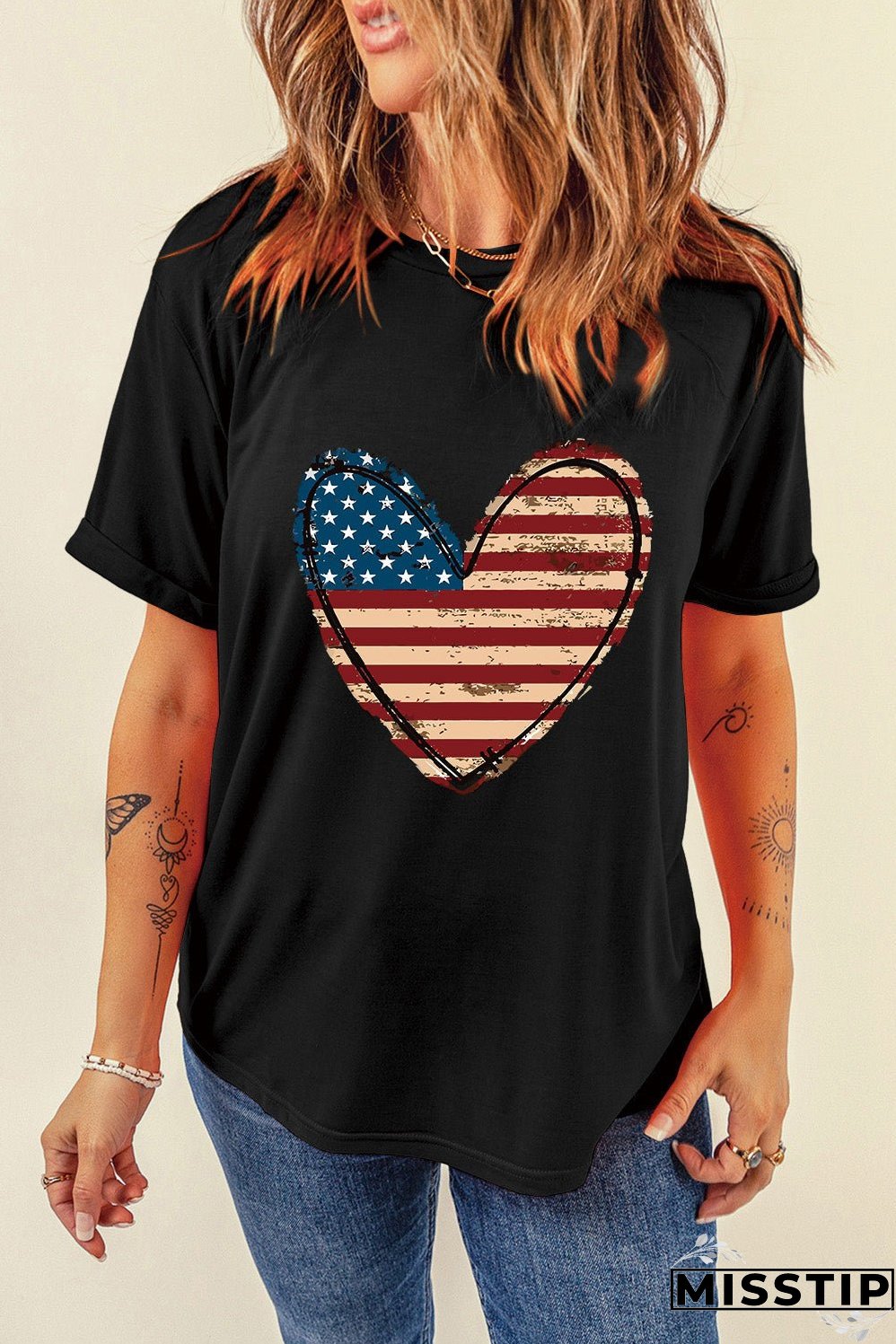 Stars and Stripes Heart Round Neck Short Sleeve T-Shirt