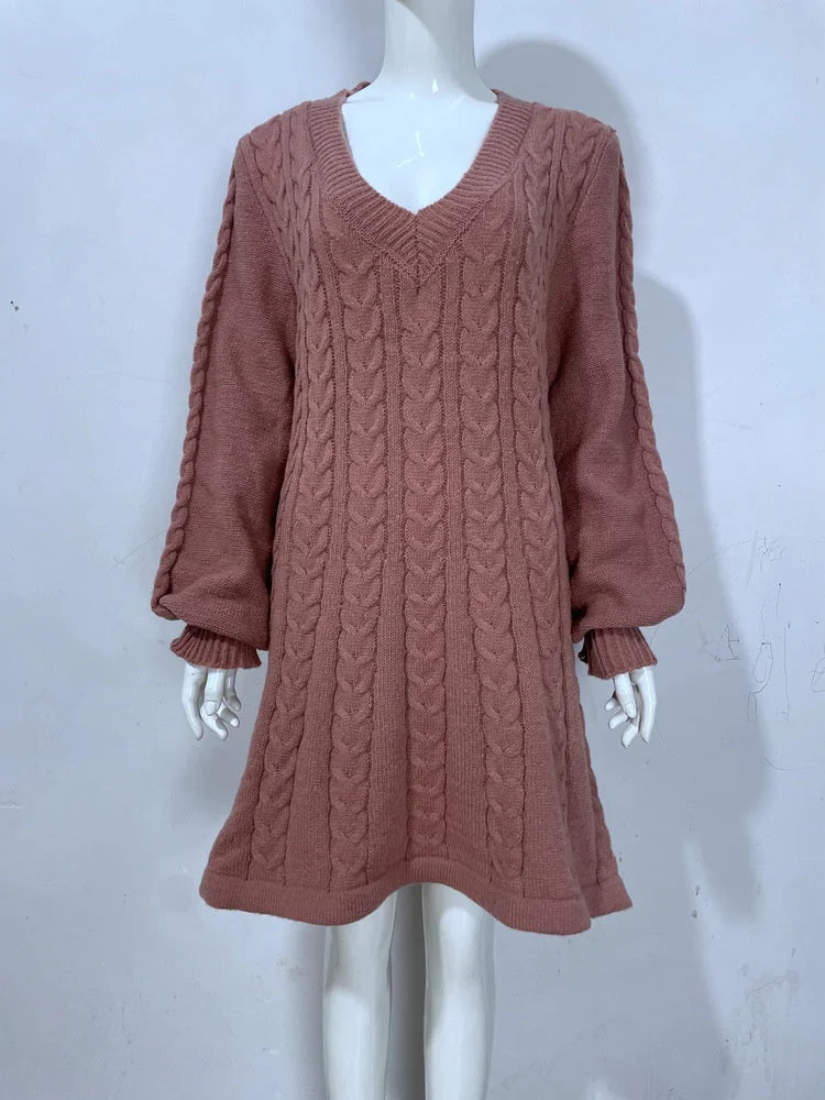 Women plus size clothing Women's  V-neck Long Sleeved Knitted sweater Dress-Nordswear
