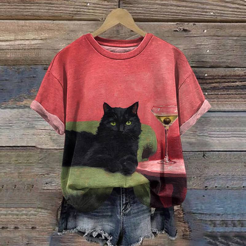Comstylish Vintage Abstract Creative Black Cat Casual T-shirt