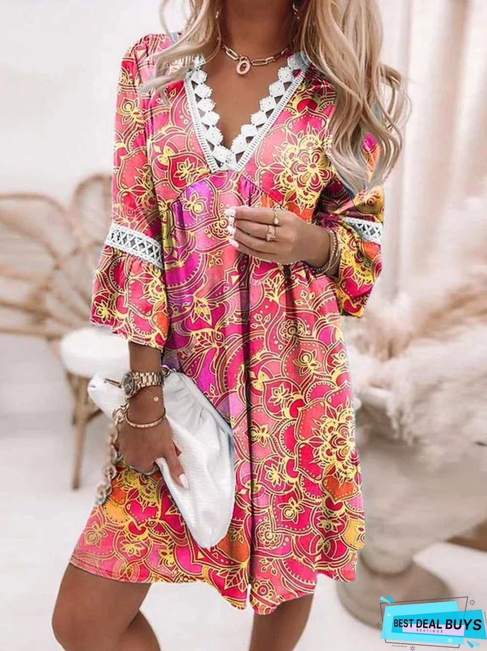 V-neck Printed Lace Stitched Bohemian Casual Holiday Dress