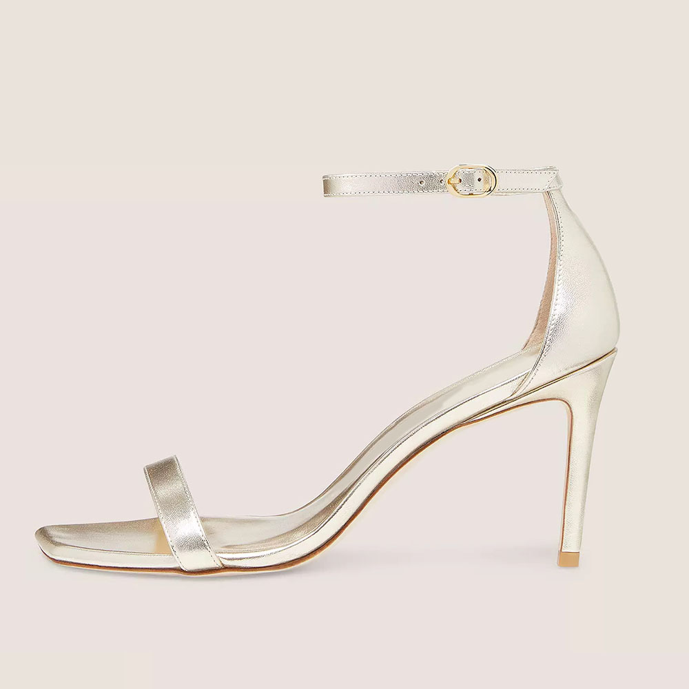 Gold Vegan Leather Open Toe Stiletto Heel Ankle Strap Sandals Nicepairs
