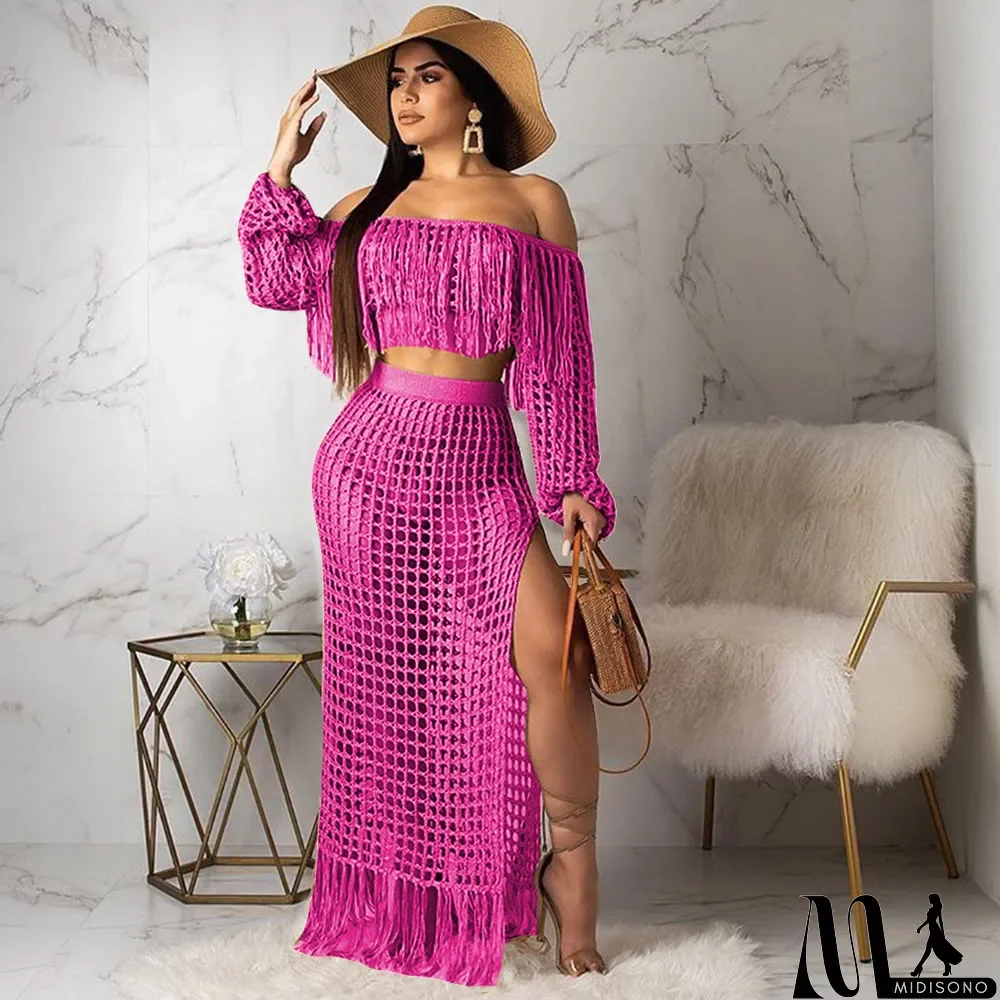 MidiSono - Grid Tassel Off Shoulder Split Long Skirt Sets