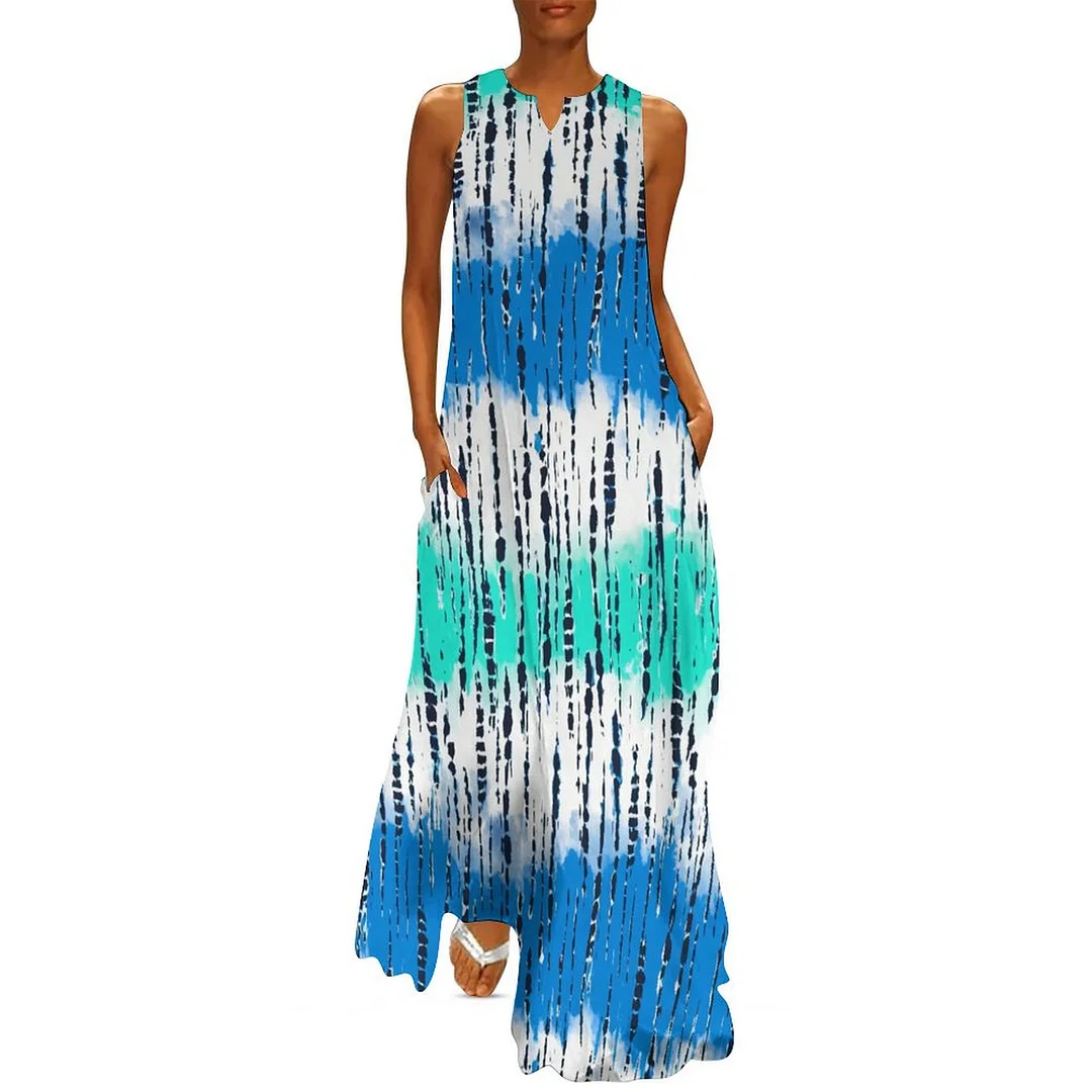 Style & Comfort for Mature Women Plus Size Printed Sleeveless Casual Women Maxi Dress with Pockets in Pattern Tie-dyed, Blue, Green