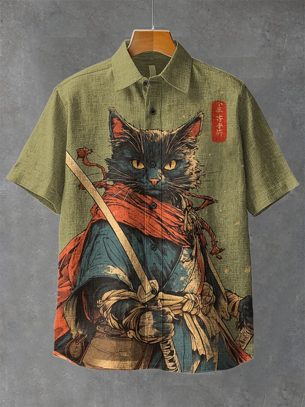 Men's Black Cat Warrior Print Short Sleeve Shirt