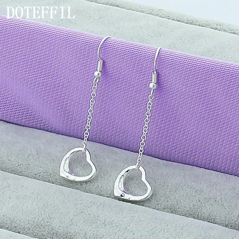 DOTEFFIL 925 Sterling Silver Heart Long Drop Earrings For Woman Jewelry