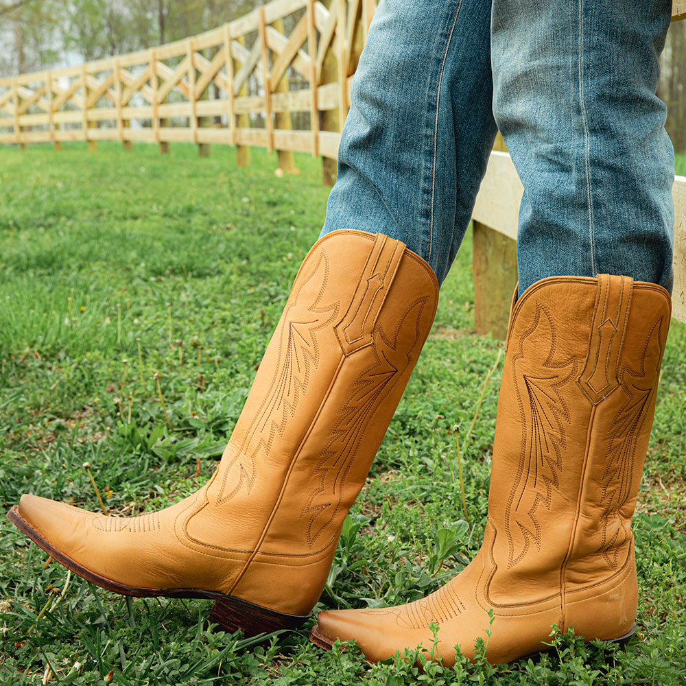 Tan Snip Toe Chunky Heel Embroidered Cowgirl Boots for Women