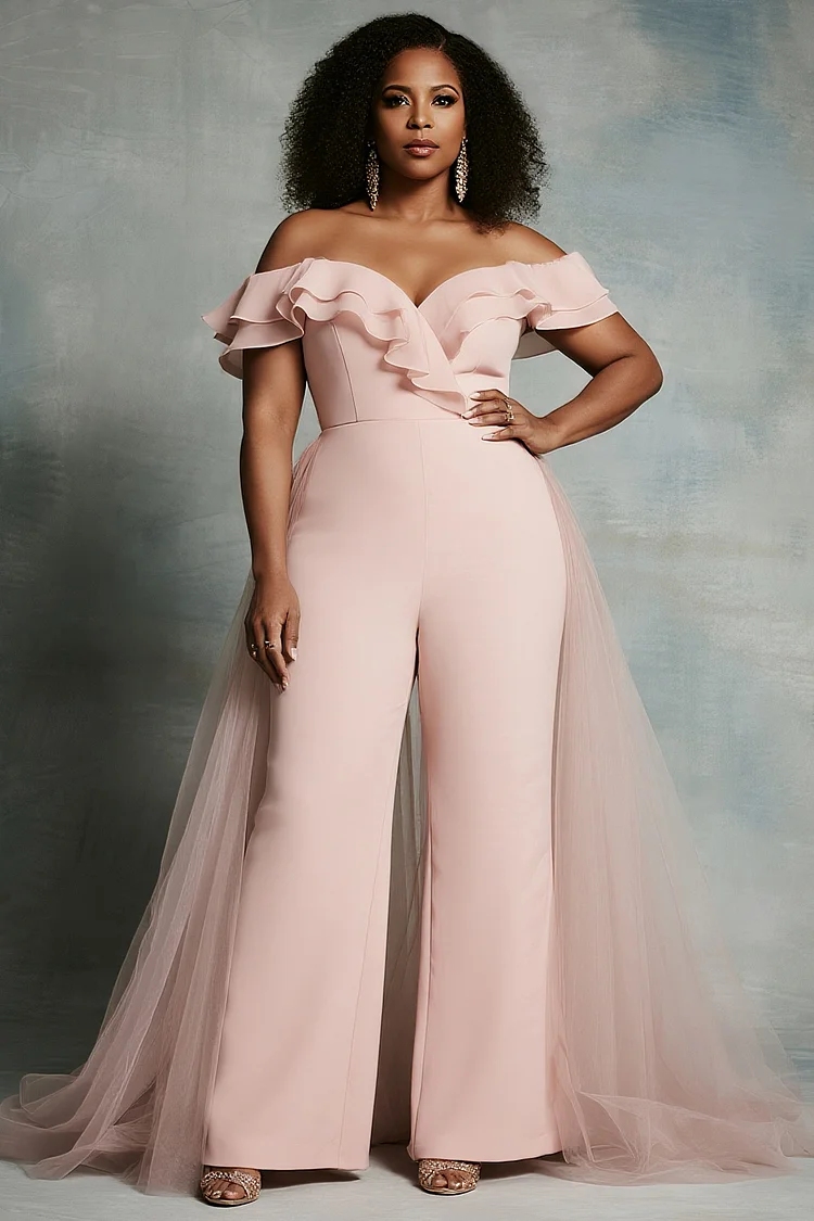 Xpluswear Design Plus Size Formal Pink Off The Shoulder Ruffle Elegant With Skirt Overlay Tulle Jumpsuits [Pre-Order] 2024 - Xpluswear