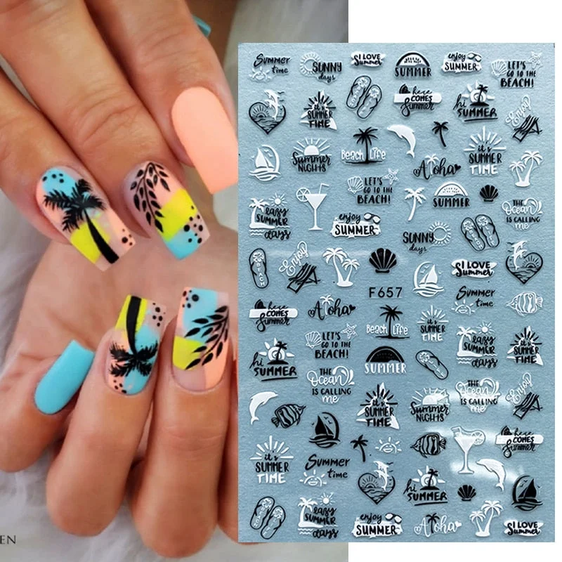 1Pc Summer Tropical Beach 3D Nail Sticker Iridescent Coconut Tree Leaves Nail Transfer Decals Slider Decoration Manicures