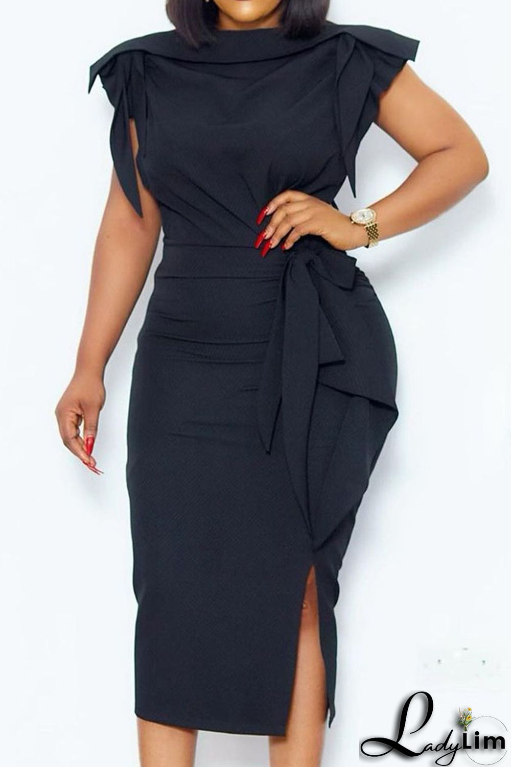 Red Casual Work Solid Patchwork Flounce Slit O Neck Dresses