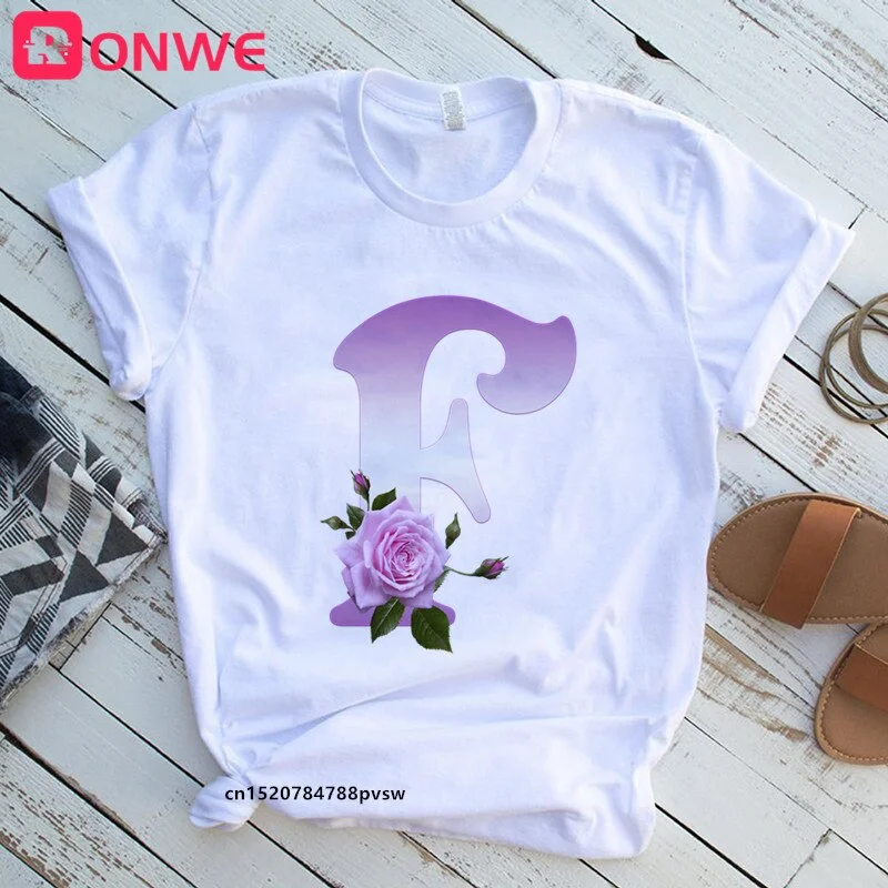 Women's Custom Name Rose Letter Combination Printing T-shirt Flower Letter Font A B C D E F G Short sleeve Tshirt,Drop Ship