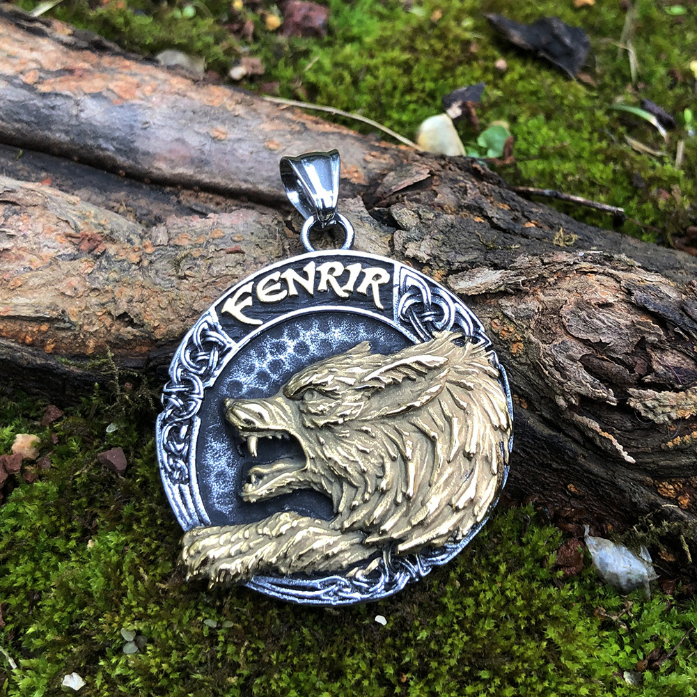 Stainless Steel Viking Necklace - Fenrir Wolf & Runes Norse Mythology Pendant