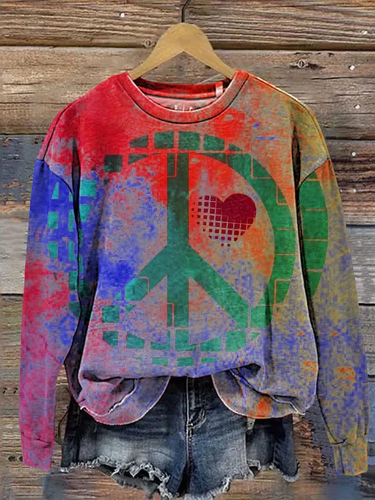 Retro Hippie Peace Sign Love and Peace Heart Shaped Casual Sweatshirt
