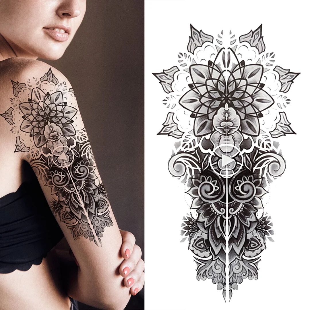 Compass Half Sleeve Temporary Tattoos For Women Men Adult Black Cross Tattoo Sticker Realistic Fake Lion Tatoo Bird Clock Flower