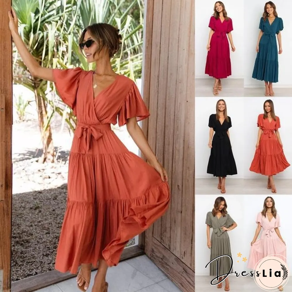 Boho Beach Vacation Summer Women Dresses New Solid V-Neck Short Ruffle Sleeve Lace-up Swing High Waist A-line Long Dress