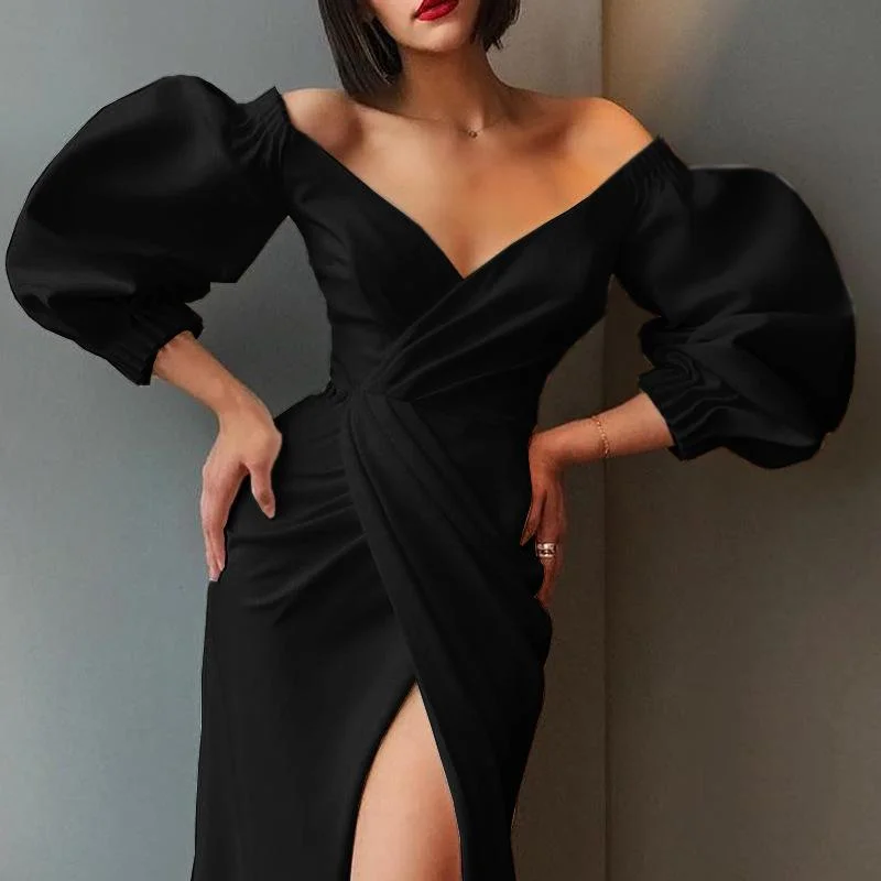 Sexy evening dress with white puff sleeves
