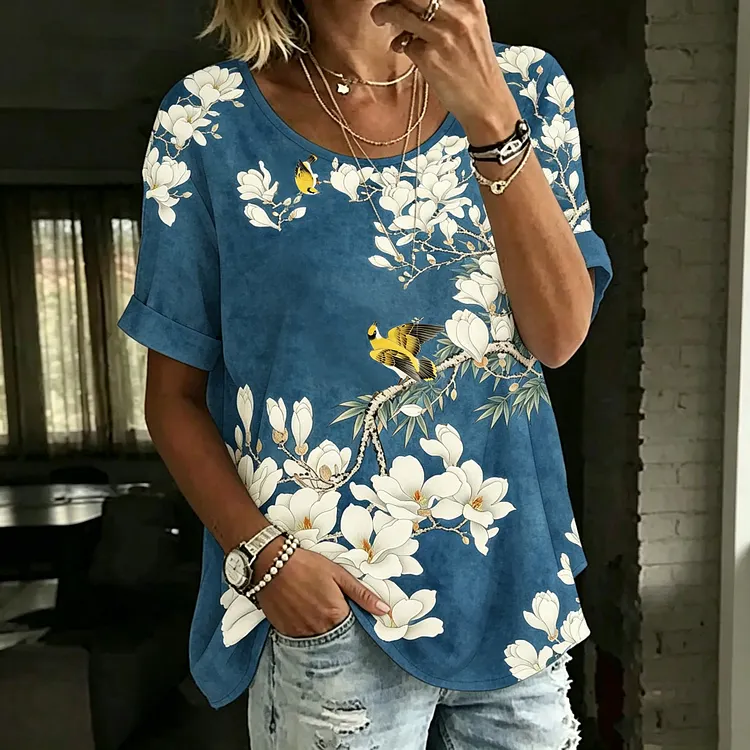 Women's Retro Chinese Floral And Bird Print Top