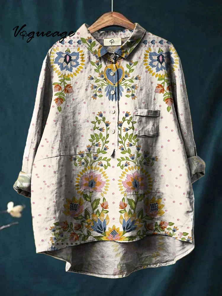 Simple Symmetrical Colorful Plants And Flower Print Cotton And Linen Shirt