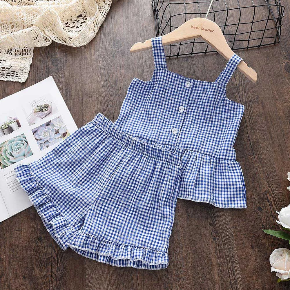 Bear Leader Baby Girls Clothes Sets Summer Plaid Print Girl Sleeveless Shirts Vest Shorts 2pcs Suit Casual Outfits Kids Clothes