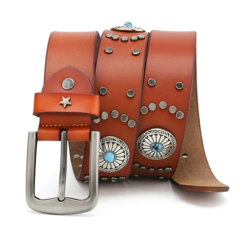 Western Style Brand luxury buckle belt Personality punk belt Metal parts really leather Trend designers for cinto masculino couro