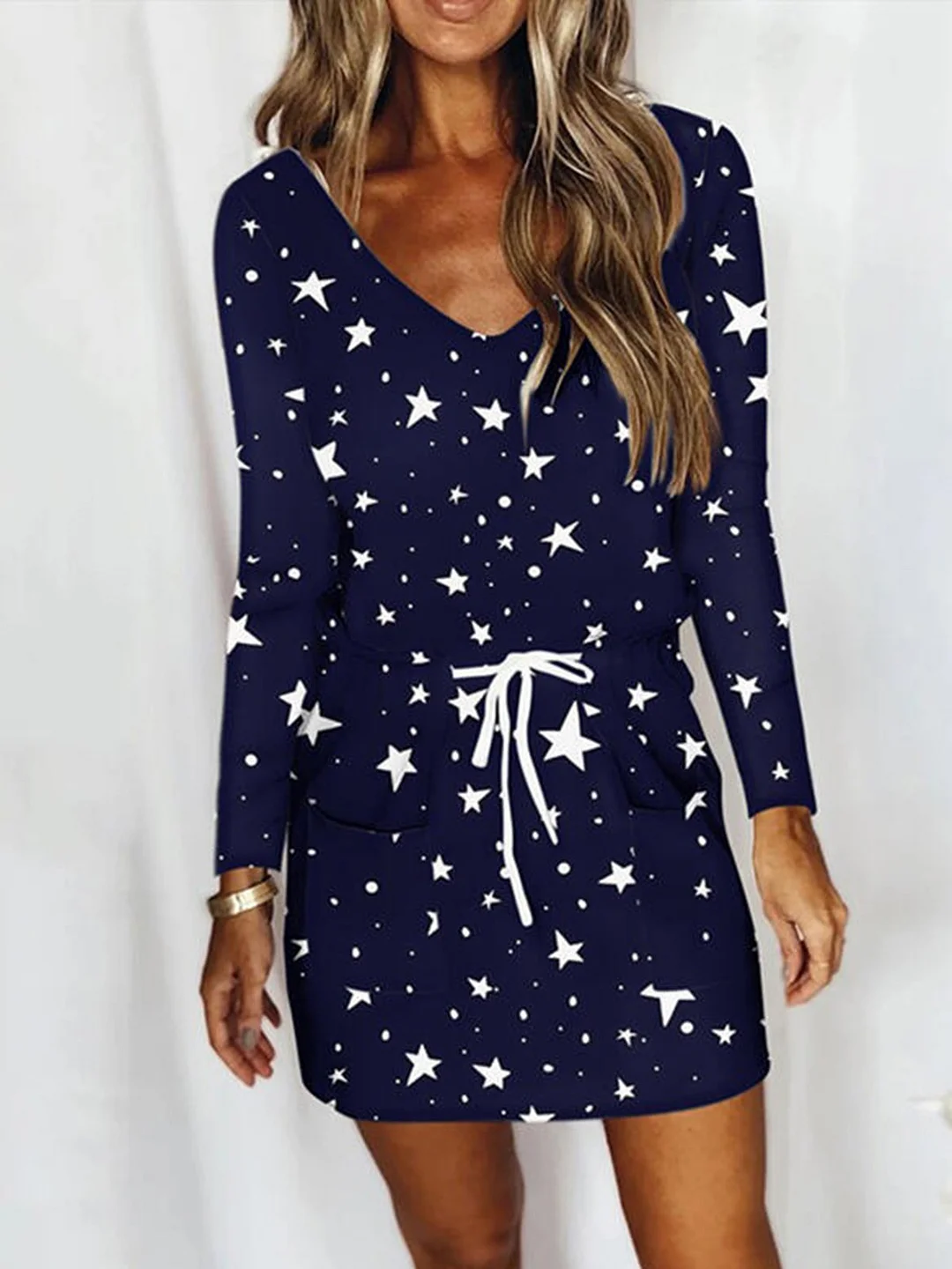 Dark Blue Stars Printed Pockets V Neck Shift Casual Knitting Dress | IFYHOME