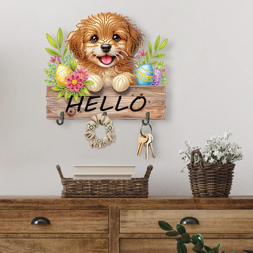 5D DIY Hello Dog 3 Hooks Special Shape Diamond Painting Wooden Hook Rail for Wall