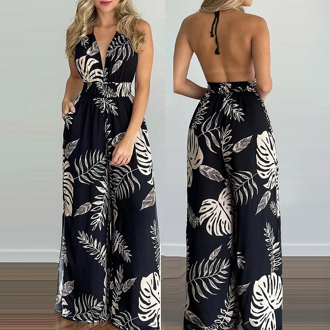 Women Summer Sexy Floral Print Jumpsuits Boho Sleeveless Backless Long Overalls Rompers Female Beach Loose Jumpsuit 2021 120