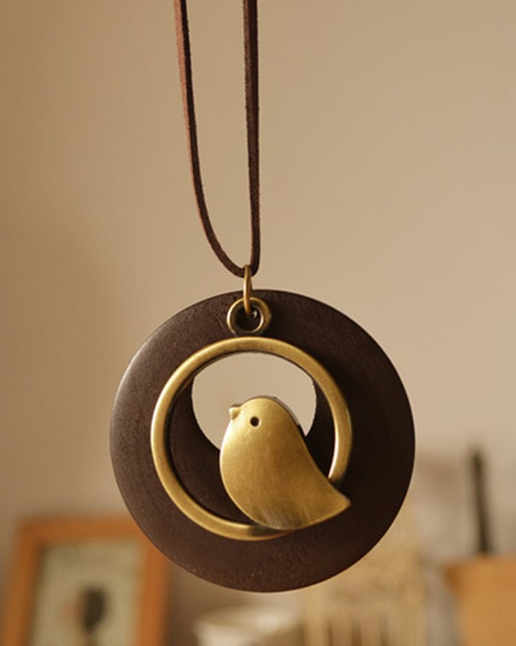 Wooden Bird Pendant Long Necklace