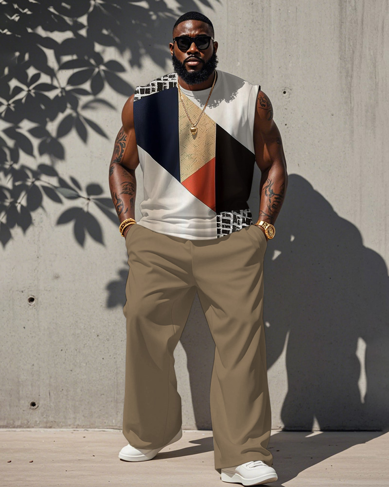 Men's Plus Size Street Fashion Khaki Colorblock Geometric Print Vest Trousers Suit