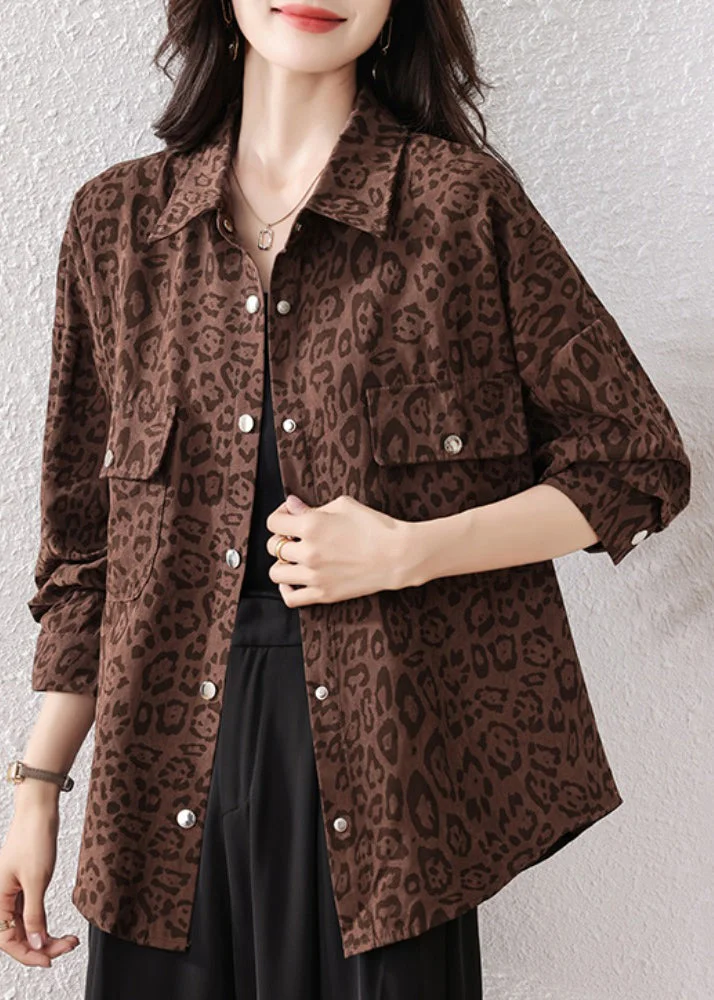 Plus Size Coffee Leopard Pockets Cotton Shirts Fall