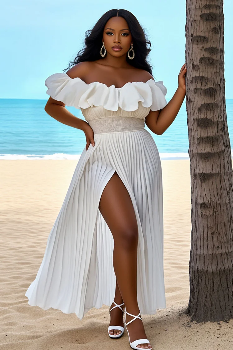 Off Shoulder Ruffle Pleated Slit Vacation Maxi Dresses-White [Pre Order]