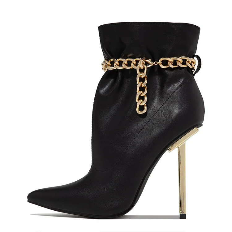 Full Black Pointed Toe Chain Ankle Boots Vdcoo