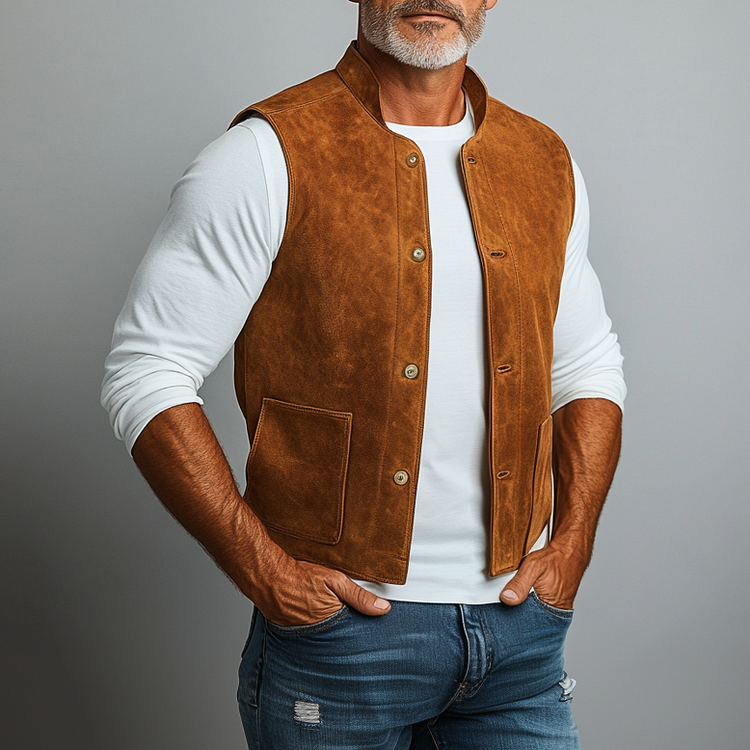 Men's Stand Collar Single Breasted Pocket Suede Vest