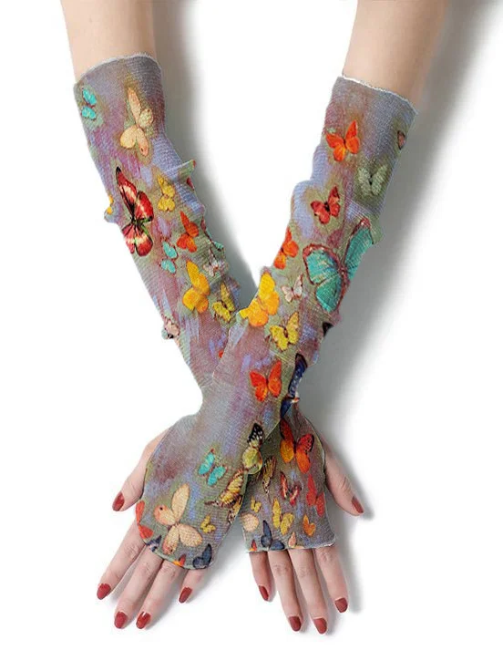 Retro butterfly print sleeve decoration fingerless sleeve gloves sun protection