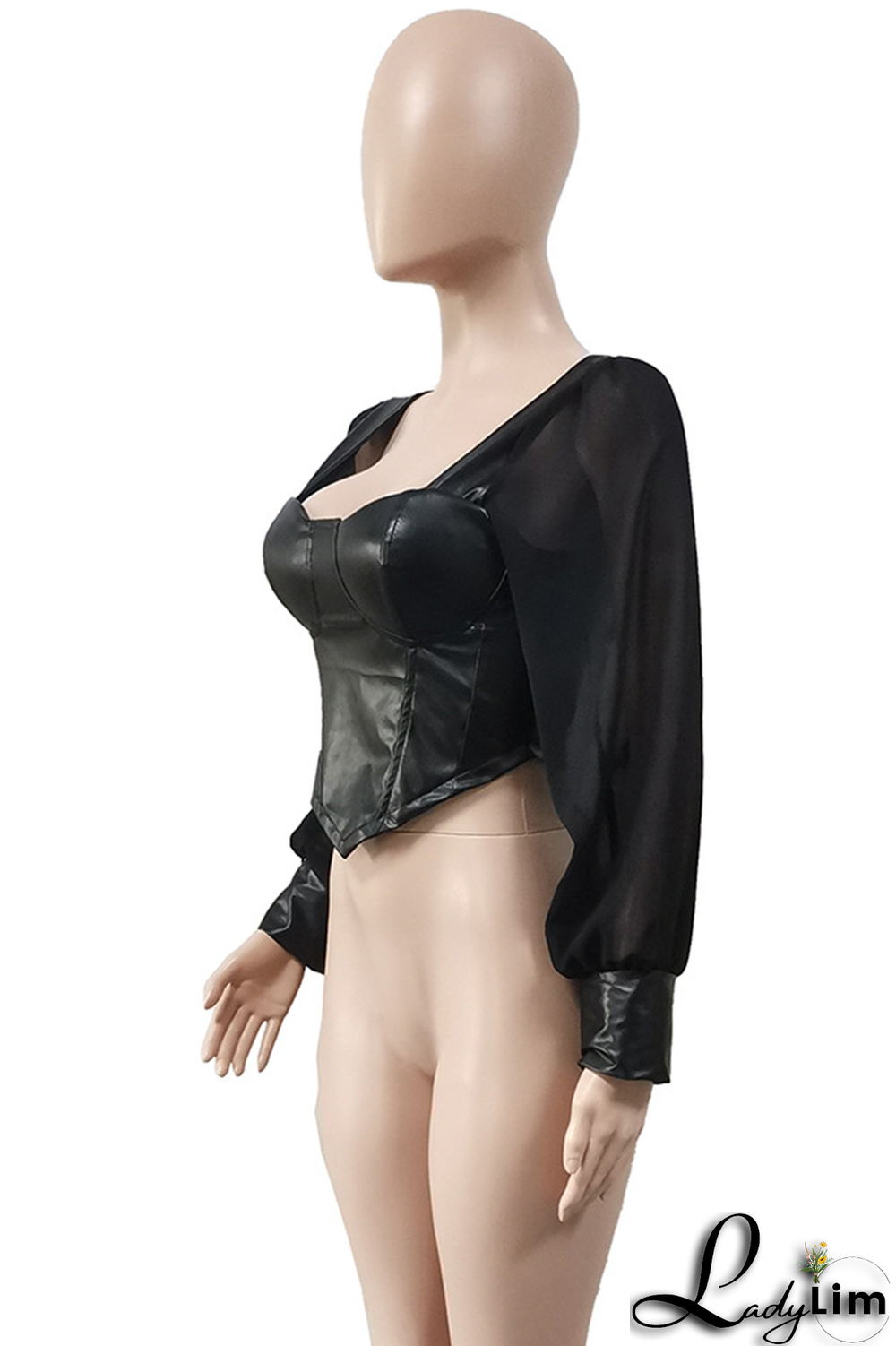 Black Sexy Solid Split Joint Square Collar Tops
