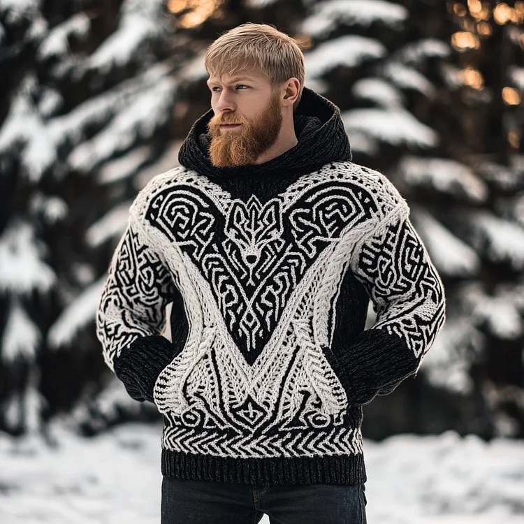Men's Viking Tribe Wolf Jacquard Celtic Style Knitted Hooded Sweater