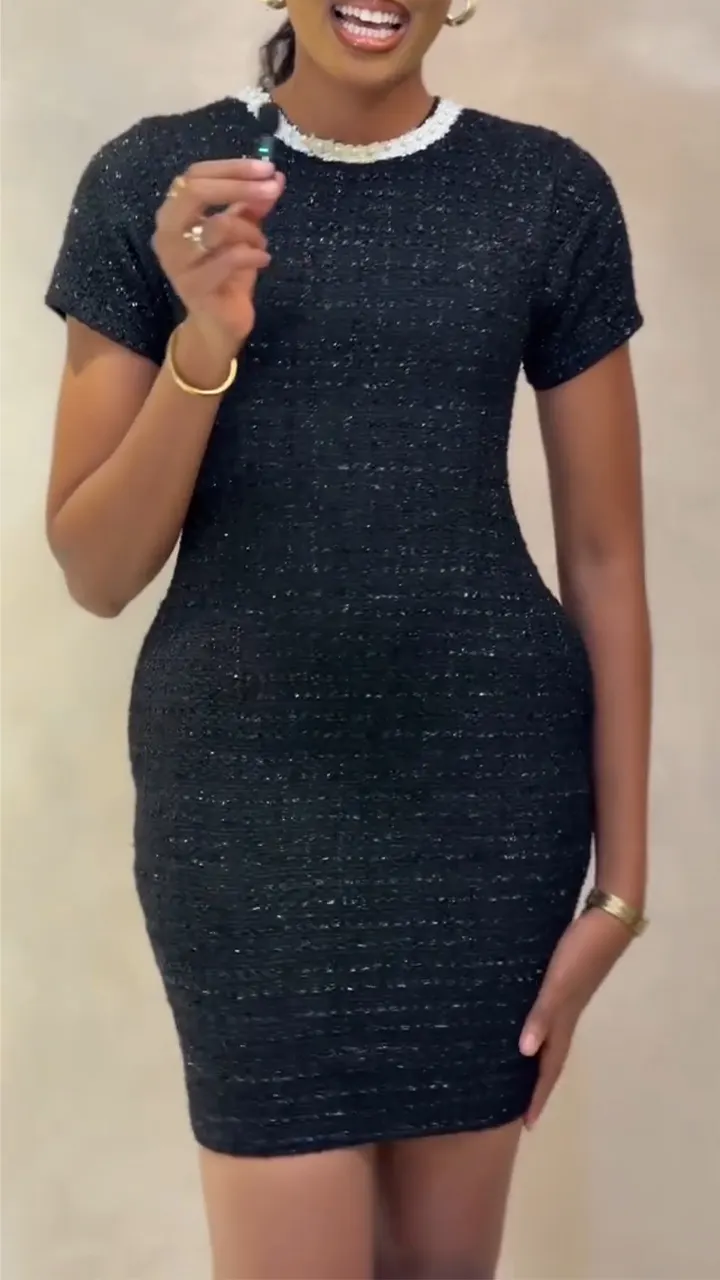Women Round Neck Nail Bead Waist Cinching Elegant Temperament Dress